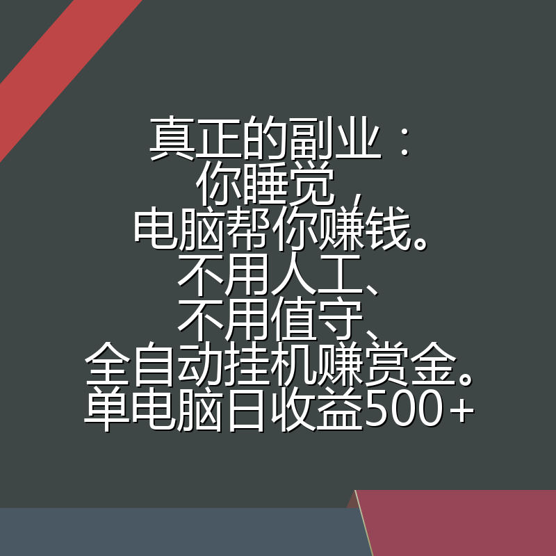 真正的副业：你睡觉，电脑帮你赚钱。不用人工、不用值守、全自动挂机赚赏金。单电脑日收益500+