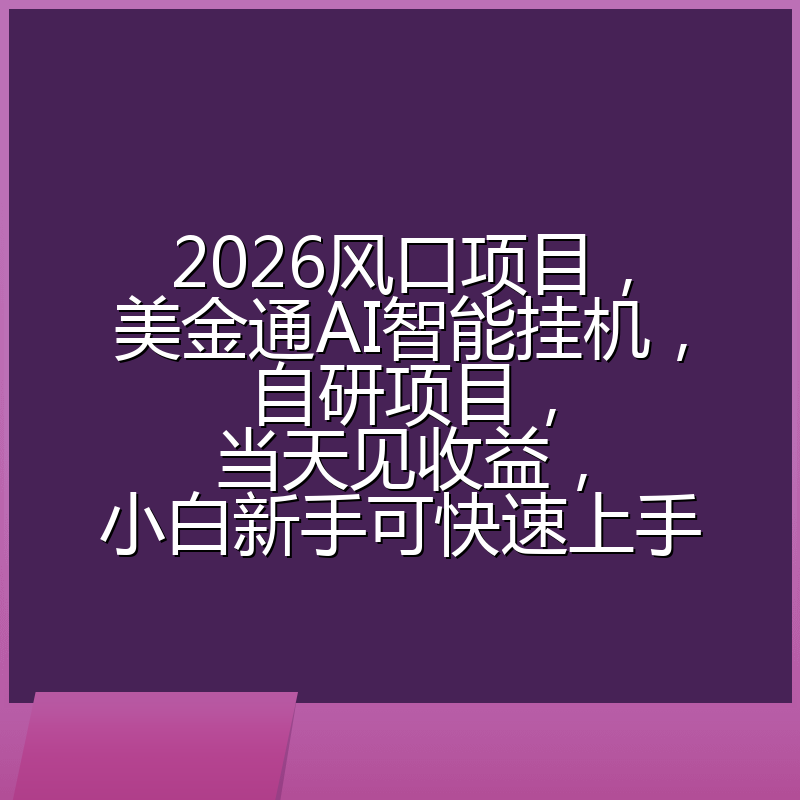 2026风口项目，美金通AI智能挂机，自研项目，当天见收益，小白新手可快速上手