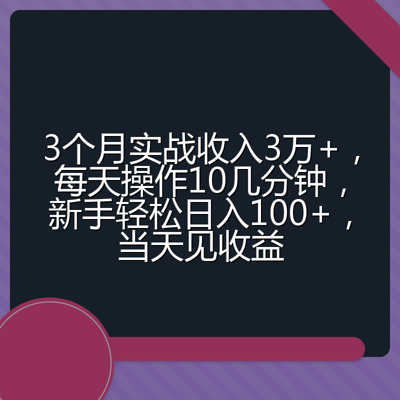 3个月实战收入3万+，每天操作10几分钟，新手轻松日入100+，当天见收益