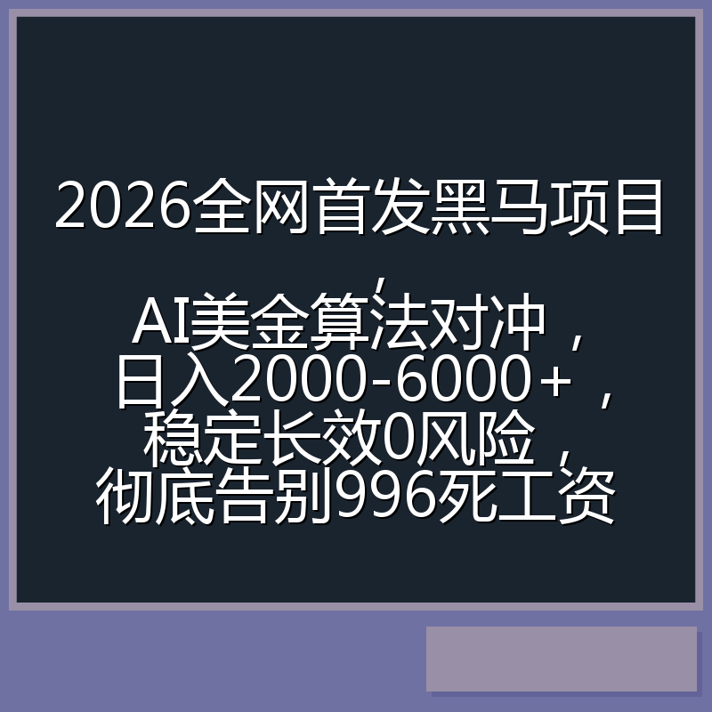 2026全网首发黑马项目，AI美金算法对冲，日入2000-6000+，稳定长效0风险，彻底告别996死工资