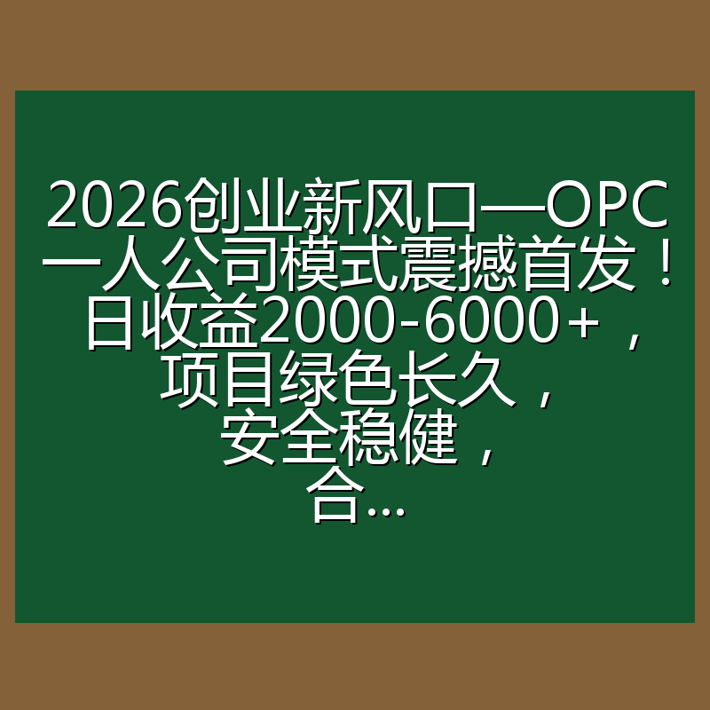 2026创业新风口—OPC一人公司模式震撼首发！日收益2000-6000+，项目绿色长久，安全稳健，合...