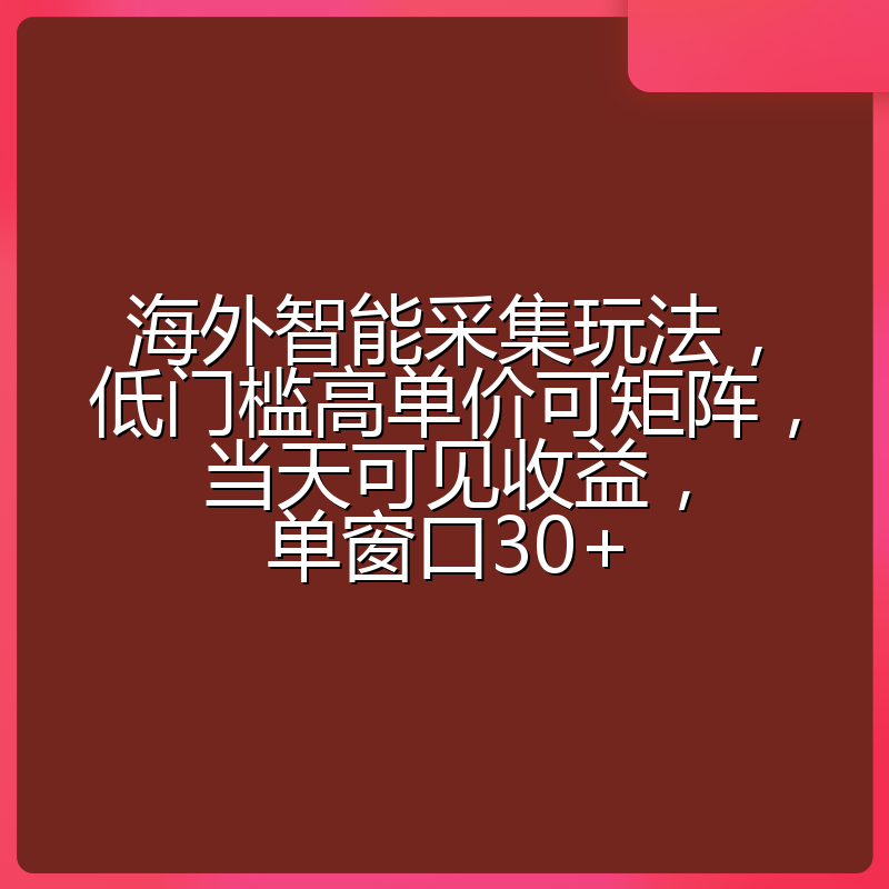 海外智能采集玩法，低门槛高单价可矩阵，当天可见收益，单窗口30+