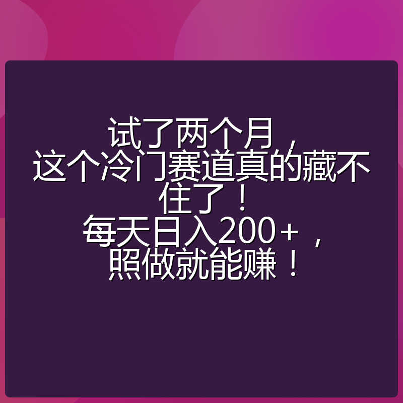 试了两个月，这个冷门赛道真的藏不住了！每天日入200+，照做就能赚！