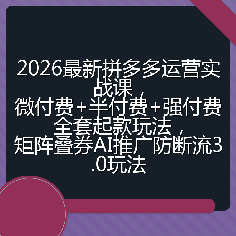2026最新拼多多运营实战课，微付费+半付费+强付费全套起款玩法，矩阵叠券AI推广防断流3.0玩法