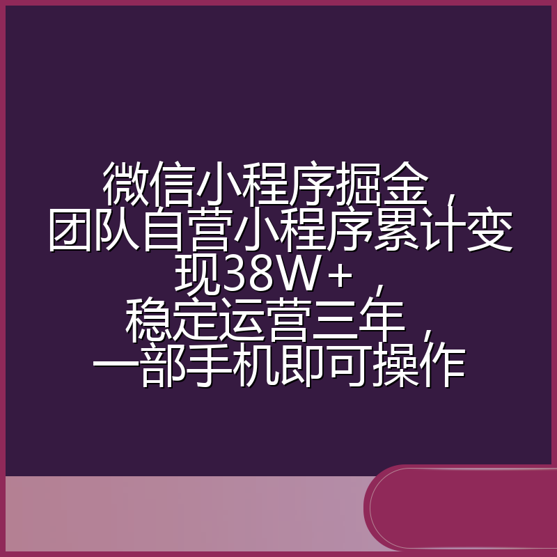 微信小程序掘金，团队自营小程序累计变现38W+，稳定运营三年，一部手机即可操作