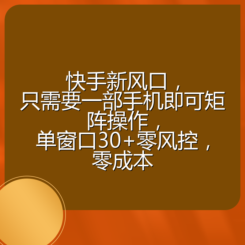 快手新风口，只需要一部手机即可矩阵操作，单窗口30+零风控，零成本